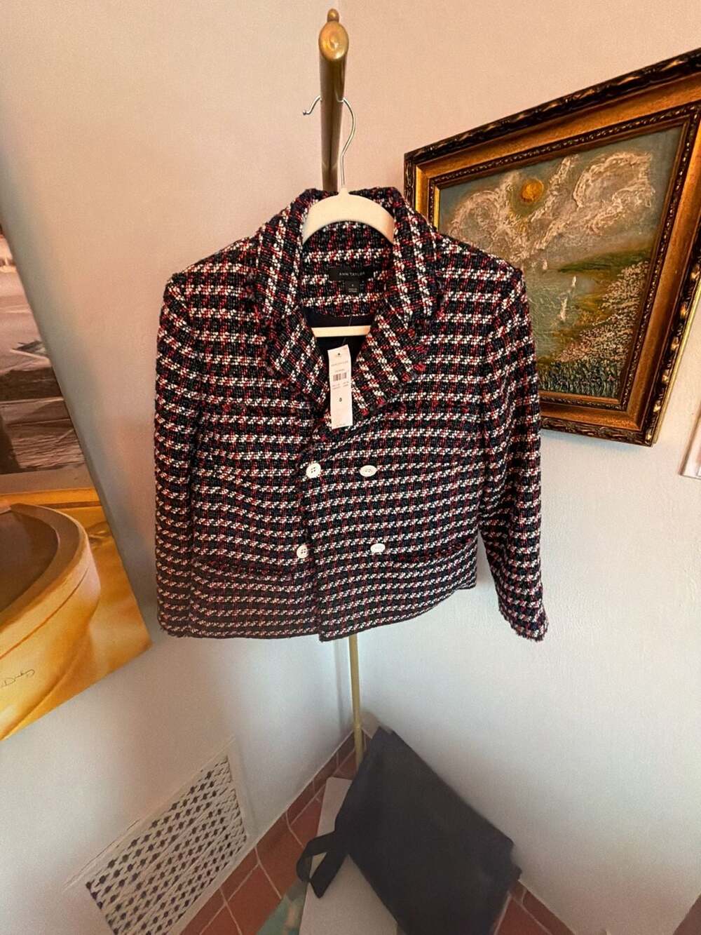 Ann Taylor Tweed Double Breasted Blazer Jacket Fringed Red Navy Black